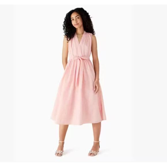 NEW Kate Spade New York Gingham Burnout Dress Dount Pink V Neck Cotton Womens 14